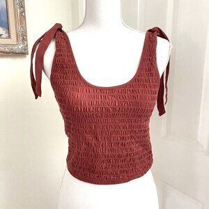 American Eagle Outfitters Smocked Shoulder Tie Crop Top Rust Size Medium